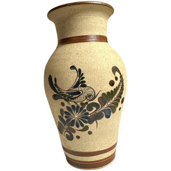 Tonala Mexican Folk Art Pottery Flower Vase Blue Bird Textured Mexico Sandstone - Picture 1 of 4